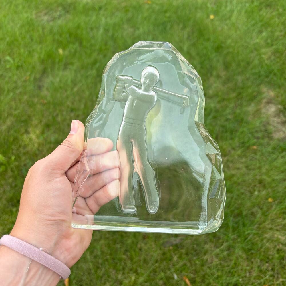 Crystal Glass Golfer Paperweight Debossed Glass Sculpture 3D Etched, 6.5” Tall